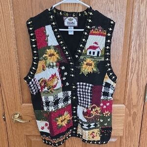 Vintage Tiara Knit Vest with Floral and House Patterns